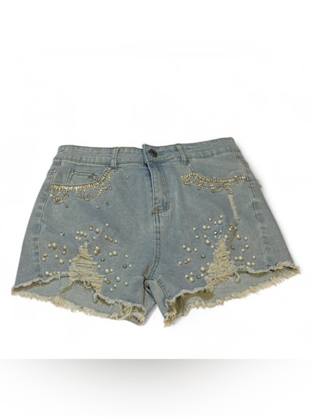 New collection Rhinestone studded Pearl-Embellished Light Blue Denim Shorts